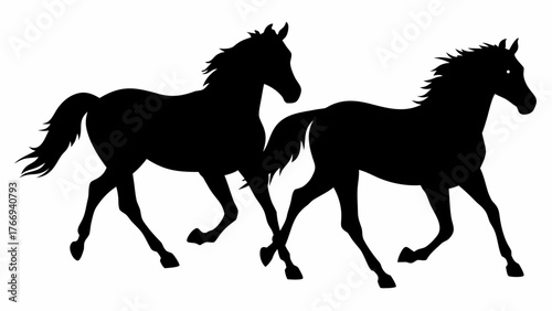 Two horses running in silhouette with flowing manes and tails against a white background landscape view