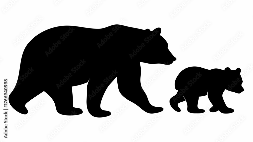 Fototapeta premium Silhouette depiction of a mother bear walking alongside her cub in a simple black and white image