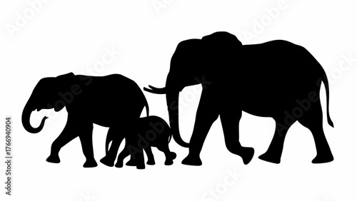 Silhouette depiction of an elephant family walking together in a line on a plain white background