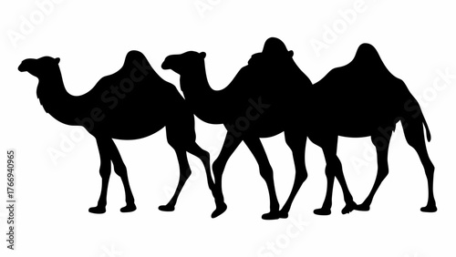 Silhouette depiction of a camel caravan with three camels walking in a single line across the desert