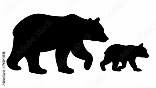 Silhouette illustration depicting a mother bear walking with her cub on a white background scene outdoors