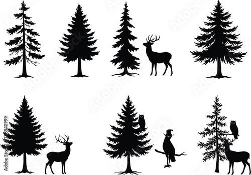 "Forest trees and wildlife silhouette vector illustration with deer, birds, woodland animals, pine trees, nature elements, rustic outdoor black design"