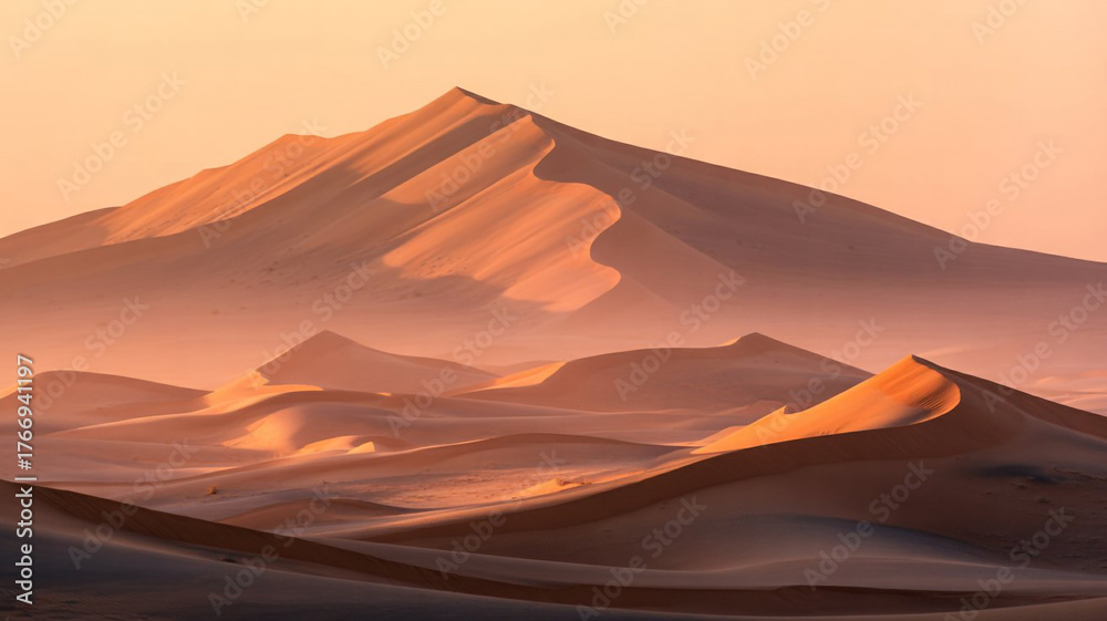 Naklejka premium Desert Mirage Landscape with Glowing Sand Dunes and Hazy Light