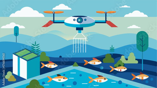A drone equipped with cameras and sensors flying over a large aquaculture farm to collect data and monitor water quality.. Vector illustration