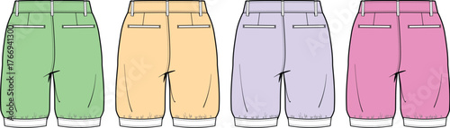 Set of casual shorts in multiple pastel colors shown from the back. Fashion apparel technical flat sketch vector illustration for design