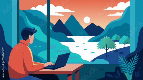 A writer finds inspiration in the everchanging scenery outside their window as they type away on their laptop capturing the beauty of the river and its surroundings in their words.. Vector