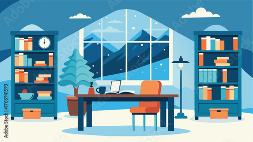 A warm and inviting study room with a large desk and bookshelves perfect for working on important projects while surrounded by a snowy landscape.. Vector illustration
