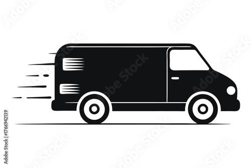 Black silhouette of a van speeding ahead is showcased in minimalistic style