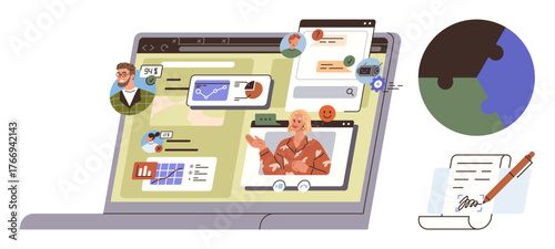 Laptop screen with video calls, charts, and messages, global collaboration elements, signed documents. Ideal for teamwork, communication, remote work, globalization technology business networking