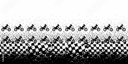 Dynamic black and white silhouette pattern of motocross riders in action with abstract splatter effects