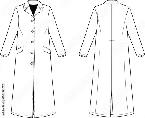 Long trench coat technical fashion flat, minimal line art CAD garment illustration with front and back view, sewing pattern template vector outerwear design