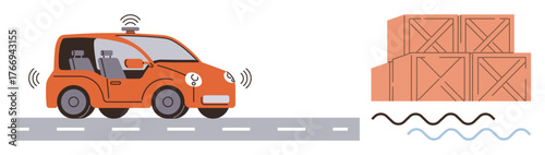 Self-driving orange car on road delivering goods, next to stacked cargo crates. Ideal for logistics, automation, transportation, delivery, technology, innovation smart solutions. Simple flat