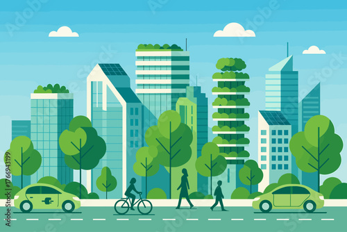 Futuristic eco city with solar panels and plants