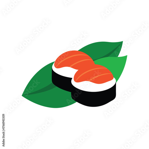 Two pieces of sushi  on a small green leaf garnish vector art illustration