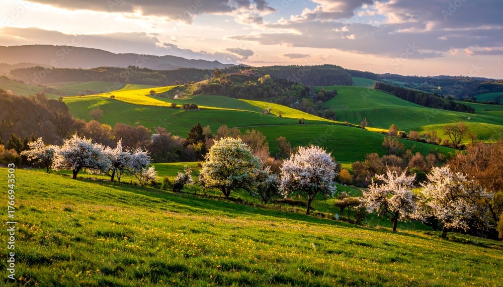 Obraz premium spring landscape with trees in the foreground and green hills covered by blooming flowers