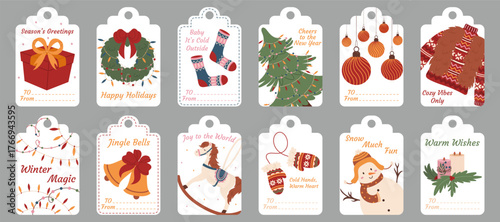 Collection of festive gift paper tags with Christmas winter elements. Labels with New Year and Christmas decorations. Colored flat illustration on white background. Vector stickers or clip art set.