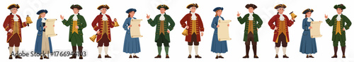 Historical vector character set of 18th-century town criers and colonial figures in traditional costumes holding bells and proclaiming news.