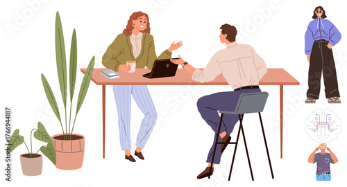 Two colleagues discuss ideas at a desk with a laptop, coffee, books, and plants nearby. A creative thought process and a tech theme represented with a light bulb diagram. Ideal for teamwork