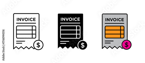 Invoice Icon represents billing, finance, and payment concepts in stroke, filled, and colored styles. Perfect for accounting, business, and fintech design use.