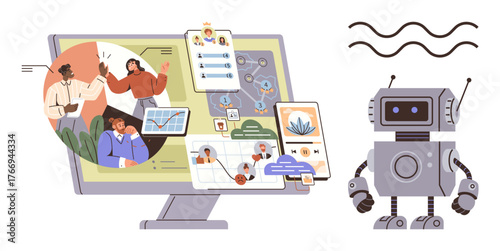Team collaborating on workflow tasks via computer screen featuring analytics, charts, and project tools, alongside robot assistant. Ideal for teamwork, productivity, AI, automation, project