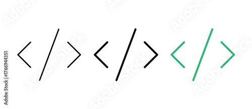 Coding Brackets Icon represents programming, web development, and software design in stroke, filled, and colored styles. Perfect for coding, tech, and digital projects.