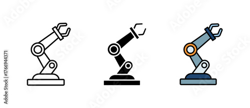 Robot Arm Icon represents automation, industry, and modern technology in stroke, filled, and colored styles. Perfect for manufacturing, robotics, and engineering design use.