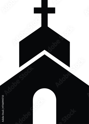 Simple black church icon with cross for faith and religion use