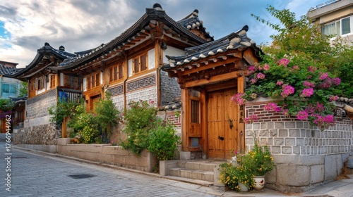 Vibrant Hanok Village: Traditional Korean Architecture with Ornate Tiled Roofs and Blooming Flowers on a Cobblestone Street