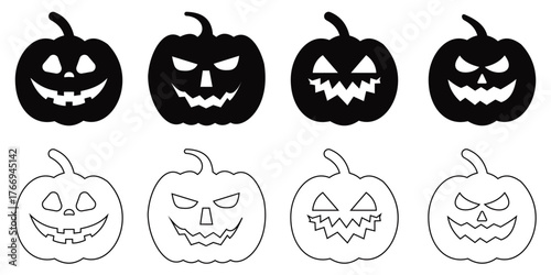 Halloween Jack O’Lantern Icon Set – Spooky Pumpkin Silhouette Collection with Scary, Cute, and Funny Faces 
 Flat Minimal Vector Illustration