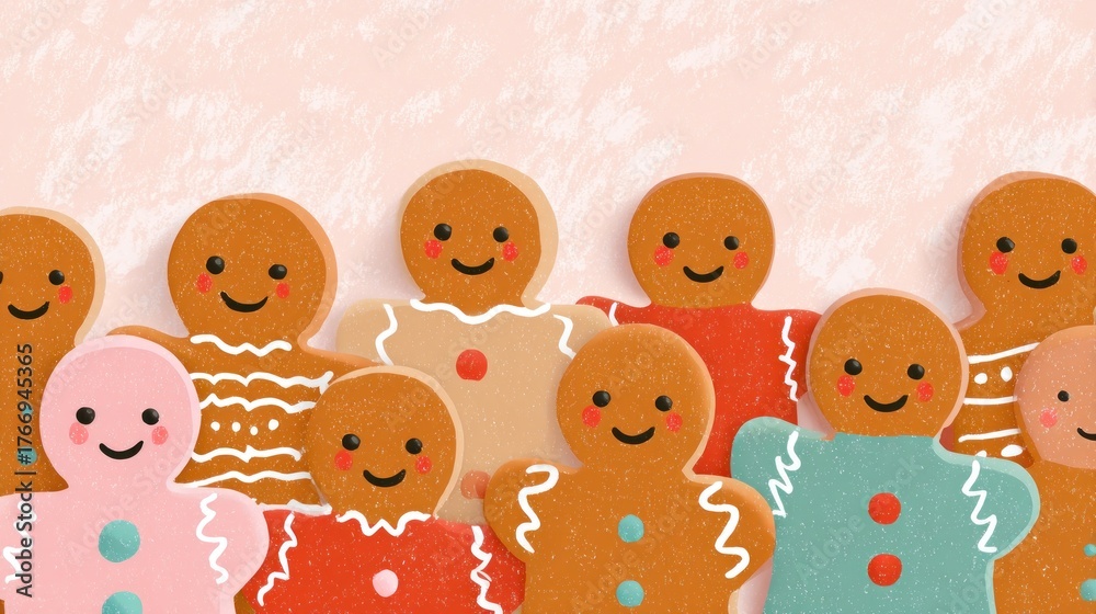 Obraz premium A cheerful group of gingerbread people with happy faces and colorful clothes