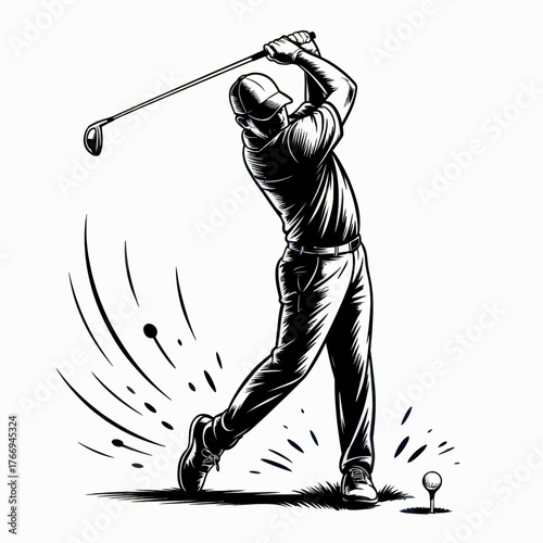 Dynamic Golfer Mid Swing Illustration Striking Golf Ball with Power and Precision in Monochrome Style