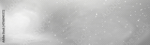 Winter snowstorm effect with snow, cold wind effect, soft fog and small snow particles on transparent background; winter Christmas design element.