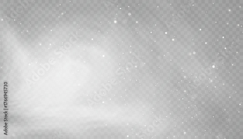 Winter snowstorm effect with snow, cold wind effect, soft fog and small snow particles on transparent background; winter Christmas design element.