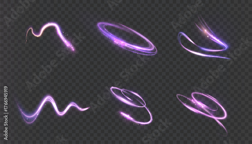 Glowing purple swirls, rings, and arcs with glow effects on a transparent background. Suitable for magical and energetic animations, game interfaces, fantasy effects, and light visualization in design