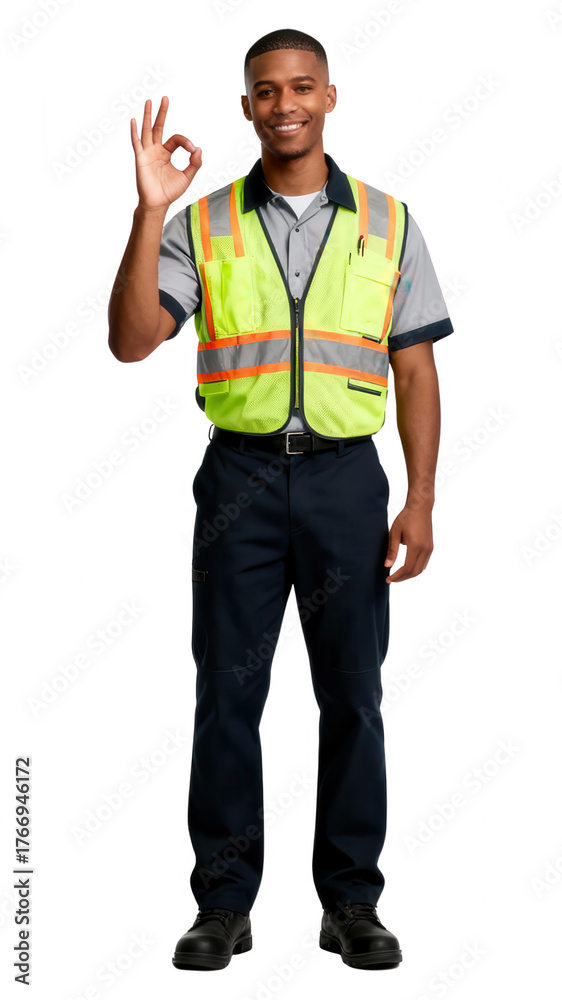 Fototapeta premium Smiling Construction Worker Giving OK Sign on White Background
