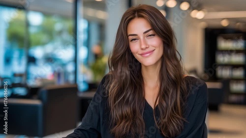 Wallpaper Mural Long light brown hair flowing over the shoulders of a woman, seated in a salon chair, soft-focus product displays and modern interior visible behind Torontodigital.ca