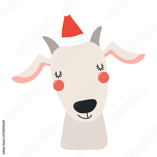 Goat in a Santa Claus hat isolated on transparent. Hand drawn flat vector illustration. Cute cartoon character. Traditional Christmas, New Year, seasonal design element, holiday clip art