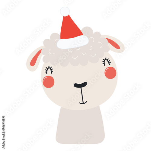 Sheep in a Santa Claus hat isolated on transparent. Hand drawn flat vector illustration. Cute cartoon character. Traditional Christmas, New Year, seasonal design element, holiday clip art