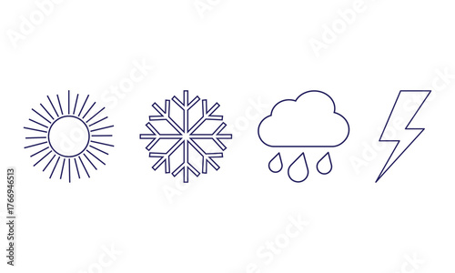 Set of weather and climate icons including sun snowflake rain cloud and lightning bolt for meteorology and forecasting