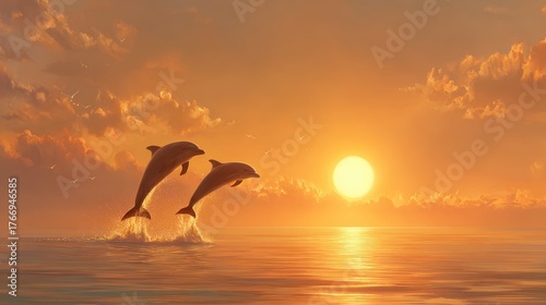 Two Dolphins Leap at Sunset, Golden Sky, Ocean, Serene, Peaceful, Artistic Rendering.