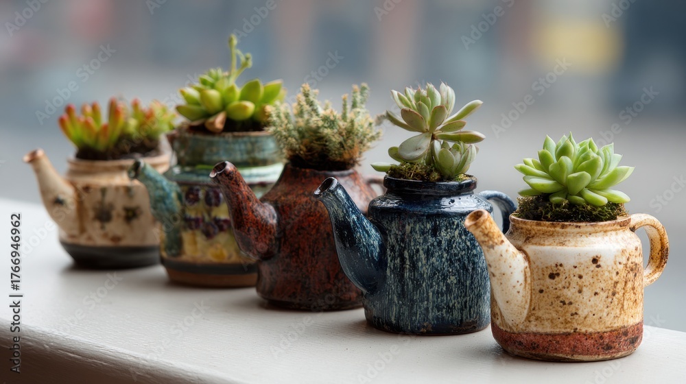 custom made wallpaper toronto digitalQuirky Teapot Succulents: A Row of Miniature Gardens on a Window Sill