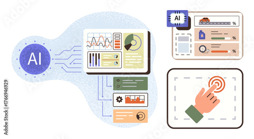 AI processing data via dashboards with charts, graphs, and analytics. Interactive hand icon for decision-making. Ideal for technology, automation, analytics, machine learning, innovation big data