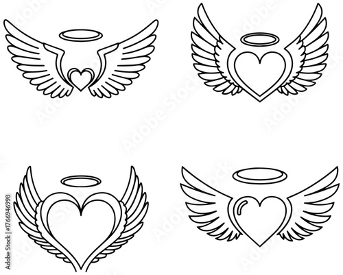 Elegant angel heart symbols set for love, faith, and protection designs