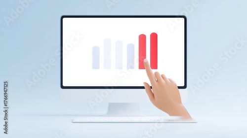 Hand pointing at a computer screen displaying a colorful bar graph, illustrating growth and progress in data analysis, with a clean and modern workspace environment