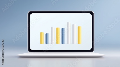 Laptop mock up displaying colorful bar graph on screen, showcasing data visualization with modern design elements and soft gradient background for professional presentations
