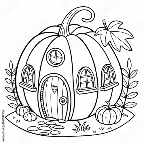 vector illustration of a pumpkin house decoration coloring page
