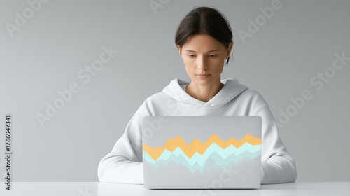Young woman in a white hoodie is focused on her laptop with colorful data visualization graphics, sitting at a minimalistic workspace with soft lighting and a clean background