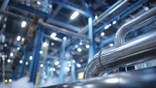 Perspective shot along steaming pipes, wet metallic surfaces reflecting soft white light, modern industrial environment emphasizing scale and technology