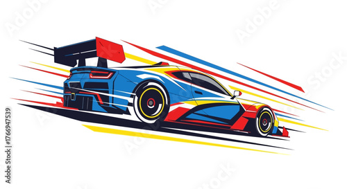 Dynamic vector illustration of a high-performance sports racing car in full motion, showcasing vibrant blue, red, and yellow streaks that convey intense speed and automotive thrill
