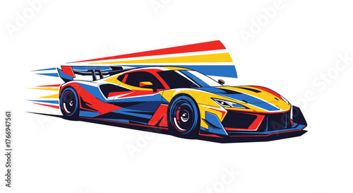 Dynamic illustration of a colorful sports car in motion, featuring an abstract geometric design and speed lines on a white background